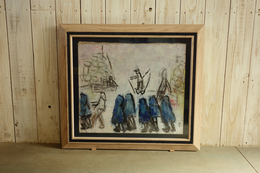 松田正平の油彩画・キャンバス作品を飾る無垢の木タモの箱型の額縁(立体額)